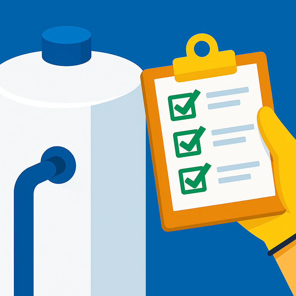 Illustration of a water heater beside a maintenance checklist
