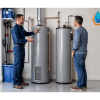 Technicians standing beside a gas water heater and an electric water heater