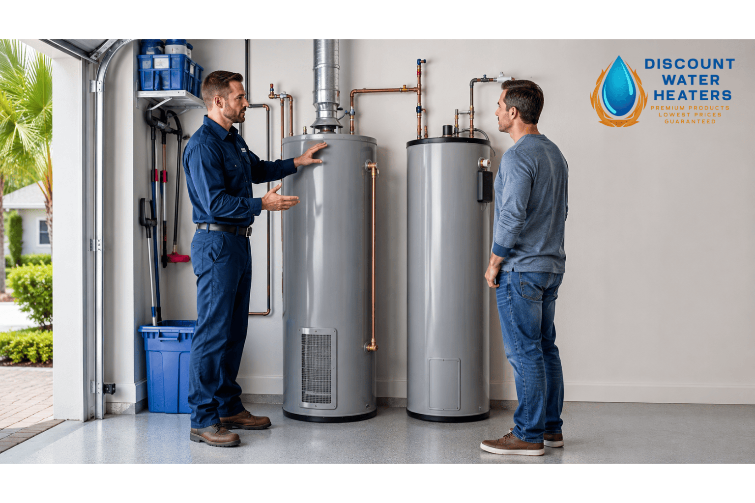 Technicians standing beside a gas water heater and an electric water heater